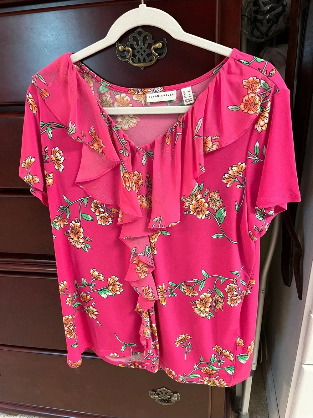 Susan Graver Hot Pink Floral Ruffle Front Short Sleeve Blouse - Picture 1 of 5